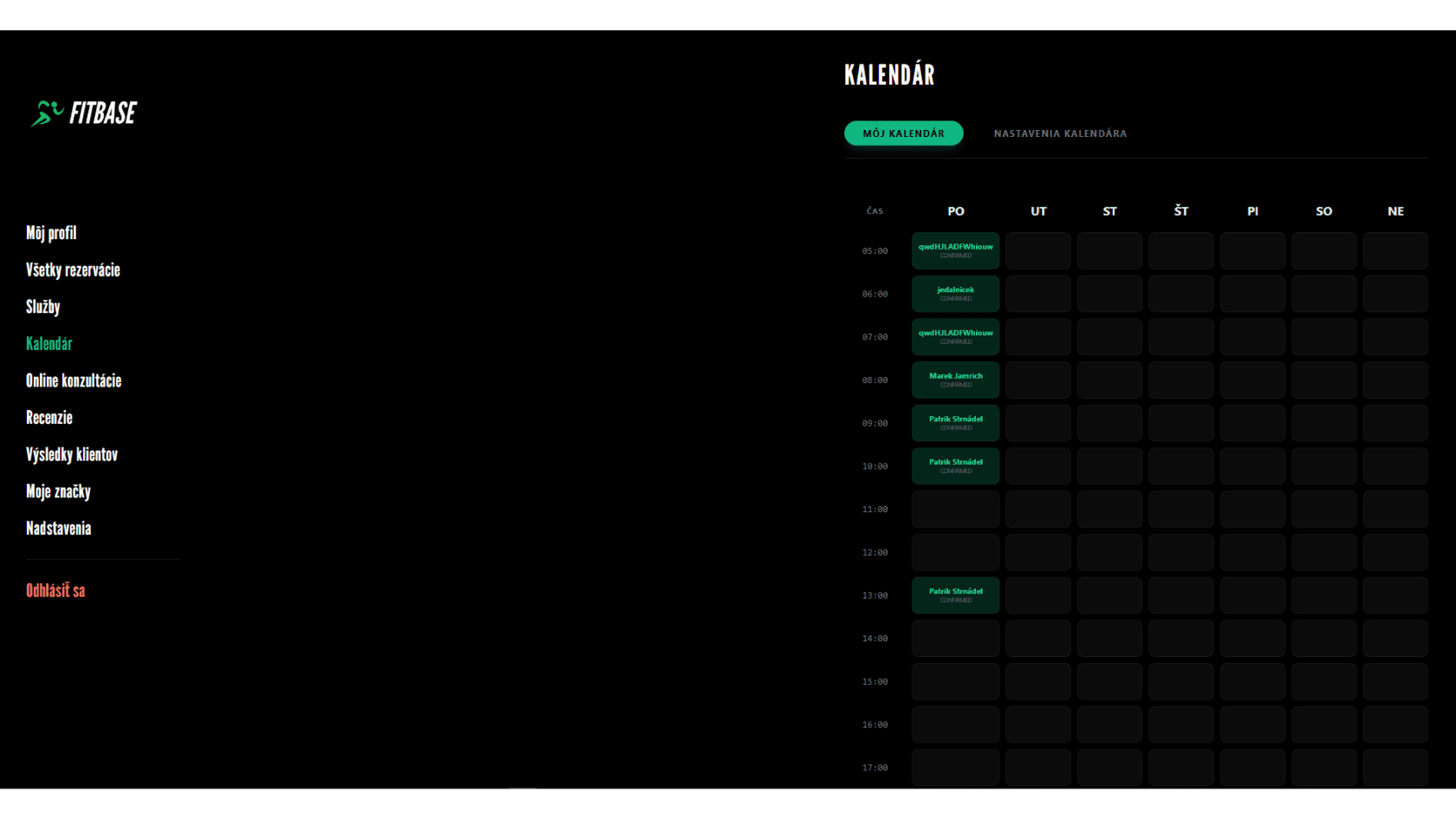 Kalendár osobných tréningov